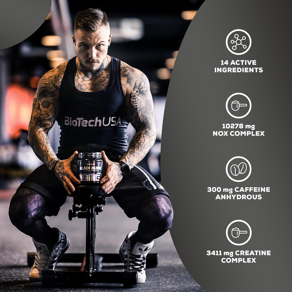 BioTechUSA Black Blood NOX+ | Pre-Workout Formula | with Caffeine, Creatine, Tyrosine | Sugar-Free | 340 g | Tropical Fruit