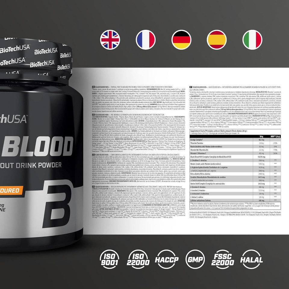 BioTechUSA Black Blood NOX+ | Pre-Workout Formula | with Caffeine, Creatine, Tyrosine | Sugar-Free | 340 g | Tropical Fruit