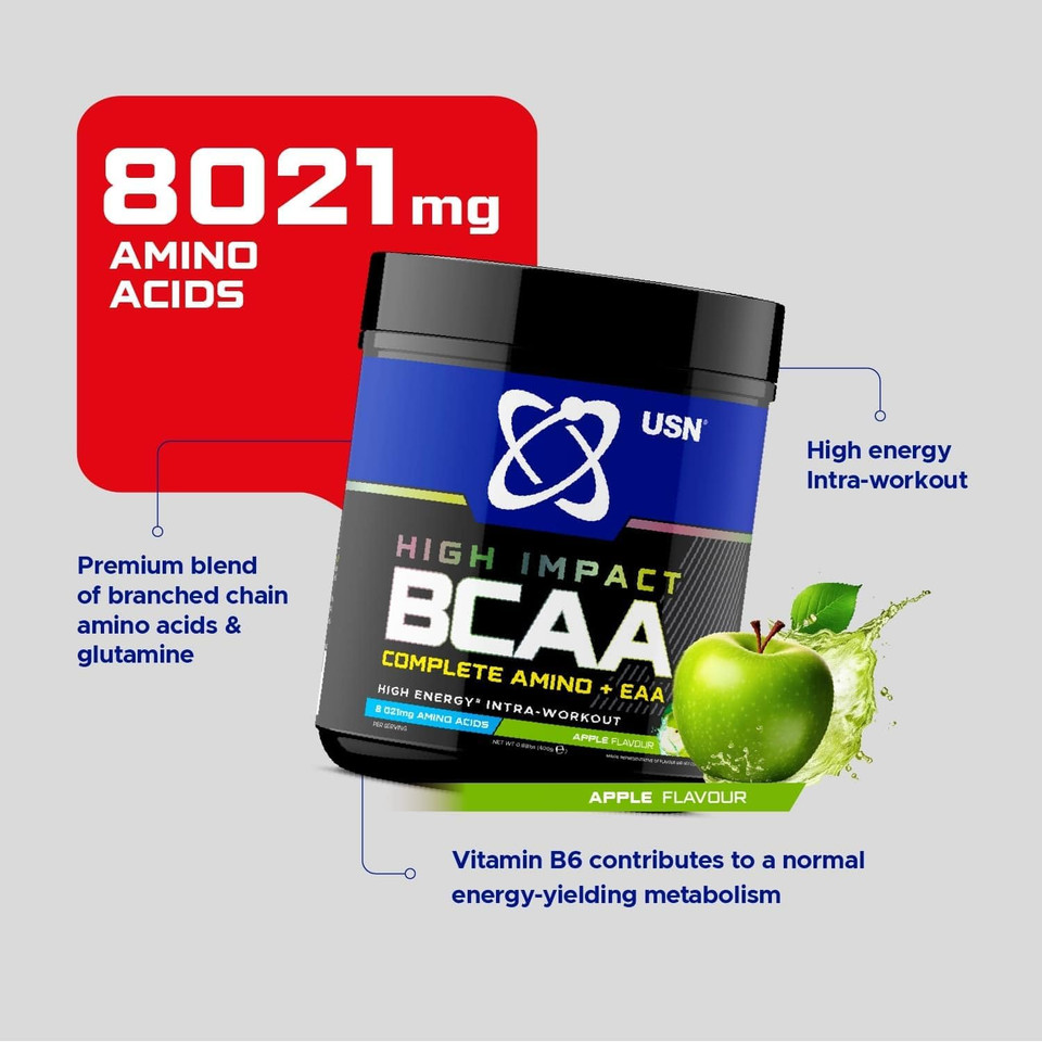 USN Complete Amino & EAA Intra Workout Powder, Apple Flavour - 400g, Vegan Energy Drink, Premium BCAA Amino Acids & Glutamine Recovery Drink, High Impact Pre Workout & Post Workout Shake