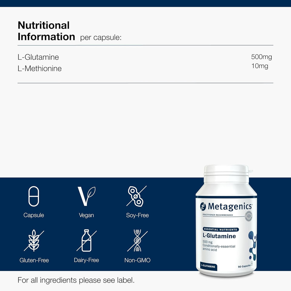 Metagenics L-Glutamine 500mg - Metabolic Support and Muscle Recovery - Essential Amino Acids - 90 Capsules