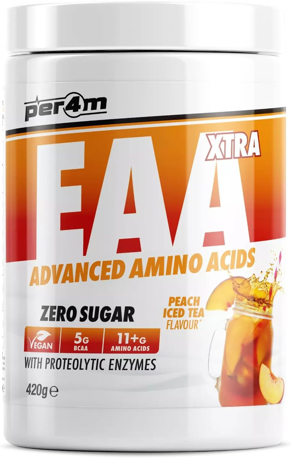 Per4m EAA Xtra/Amino Xtra | 30 Servings of Full Spectrum EAA with Proteolytic Enzymes | Vegan Friendly | Zero Sugar Amino Acid (Peach Iced Tea, 420g)
