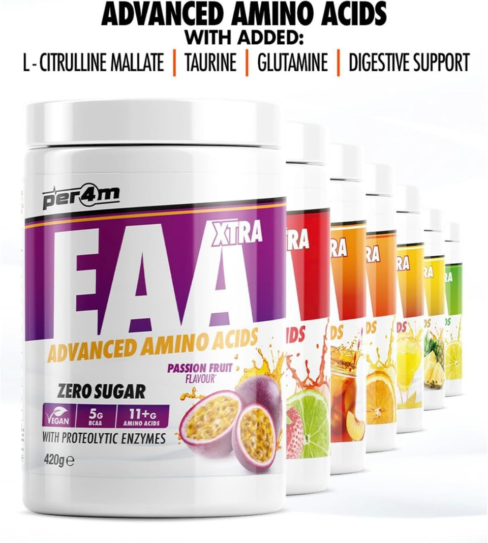 Per4m EAA Xtra/Amino Xtra | 30 Servings of Full Spectrum EAA with Proteolytic Enzymes | Vegan Friendly | Zero Sugar Amino Acid (Tropical Pineapple, 420g)