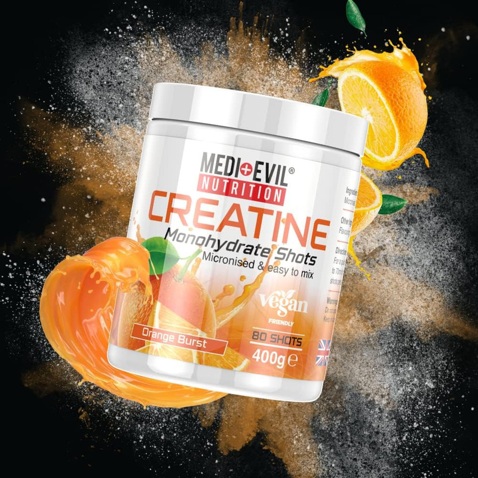 Medi-Evil Nutrition Creatine Monohydrate Shots Powder Vegan Friendly, Orange Burst Flavour, 400g, 80 Servings, Micronised for Easy Mixing (Pack of 1 Tub) Medi-Evil Nutrition Creatine Monohydrate Shots Powder Vegan Friendly, Orange Burst Flavour, 400g, 80 Servings, Micronised for Easy Mixing (Pack of 1 Tub)