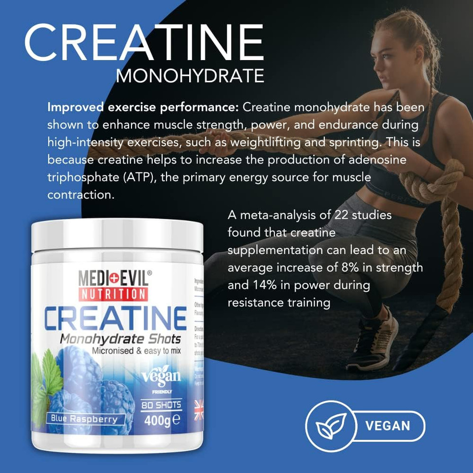 Medi-Evil Nutrition Creatine Monohydrate Shots Powder Vegan Friendly, Green Apple Flavour, 400g, 80 Servings, Micronised for Easy Mixing (Pack of 1 Tub)
