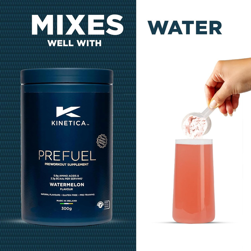 Kinetica Sports Prefuel Pre Workout-Watermelon Flavour |5.9g Amino Acids Blend, 2.3g BCAA's & 95mg Caffeine/Serve, 30 Servings/300g|With Essential Vitamins Minerals|Supports Performance & Energy Boost