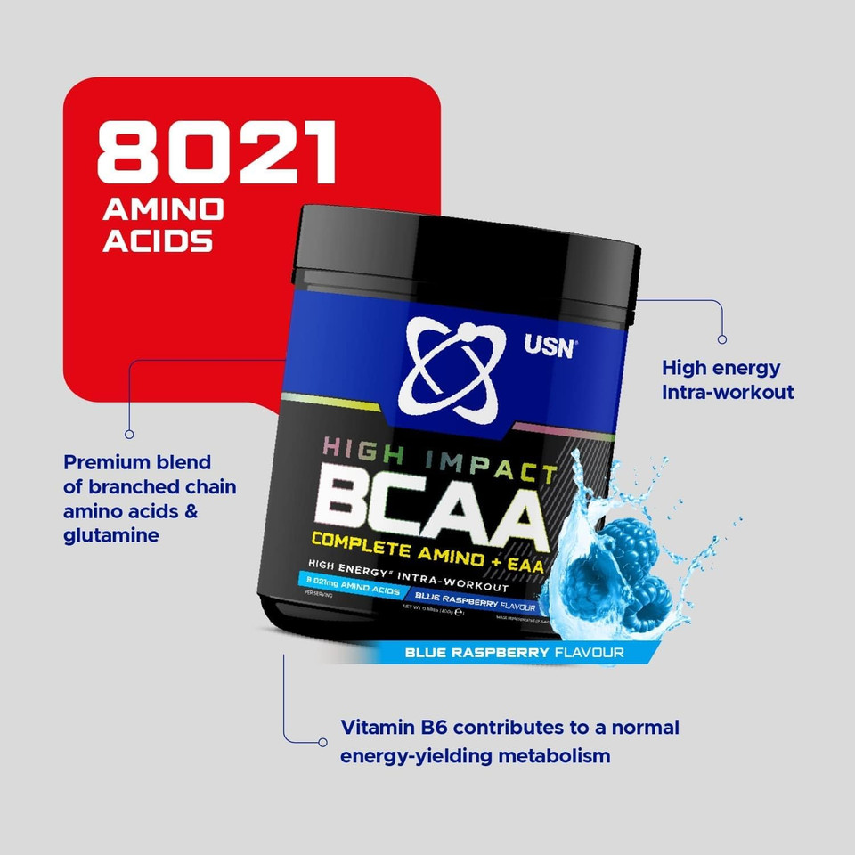 USN Complete Amino & EAA Intra Workout Powder, Blue Raspberry Flavour - 400g, Vegan Energy Drink, Premium BCAA Amino Acids & Glutamine Recovery Drink, High Impact Pre Workout & Post Workout Shake