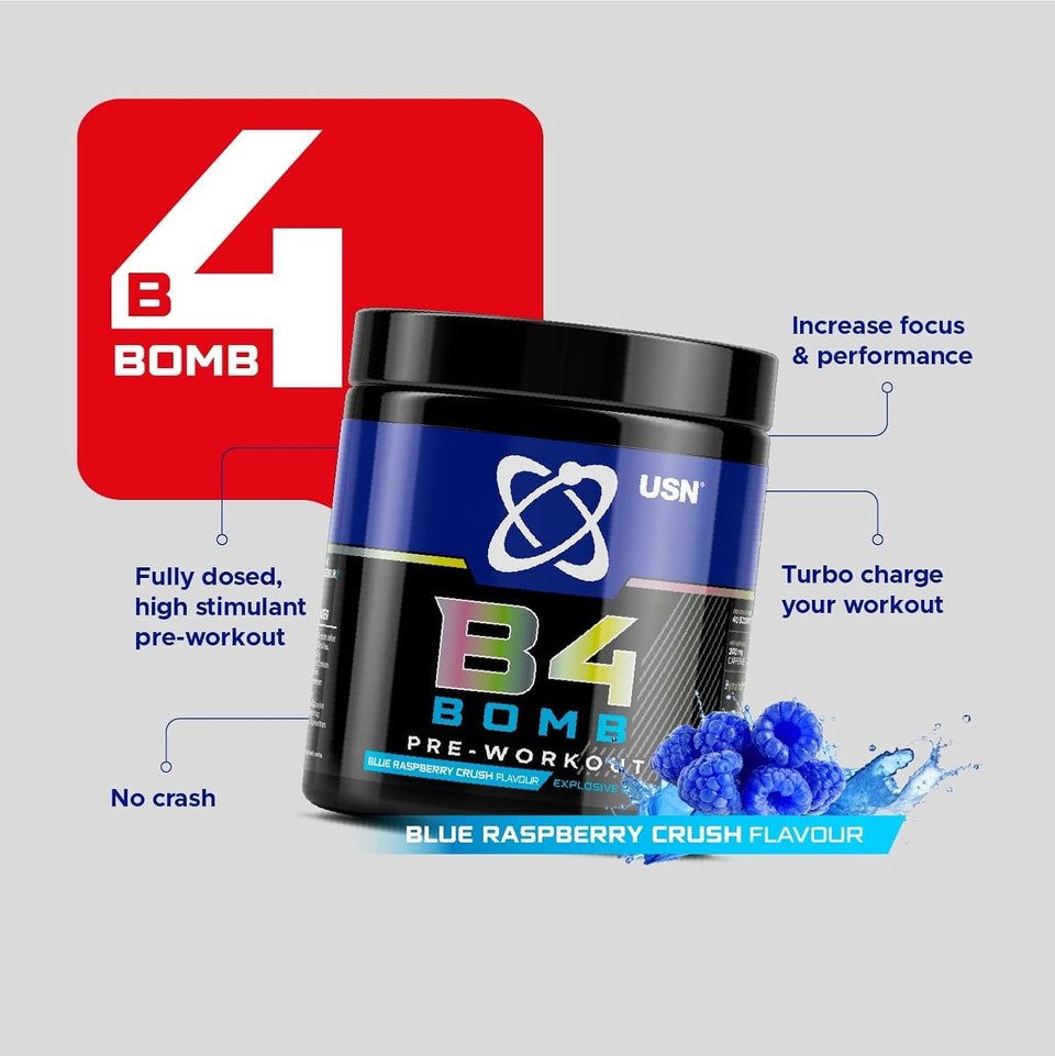 USN Pre Workout B4 Bomb Cherry 300g: Explosive Pre Workout Energy Drink Powder with Caffeine , Beta-alanine, l-Citrulline (20 servings)