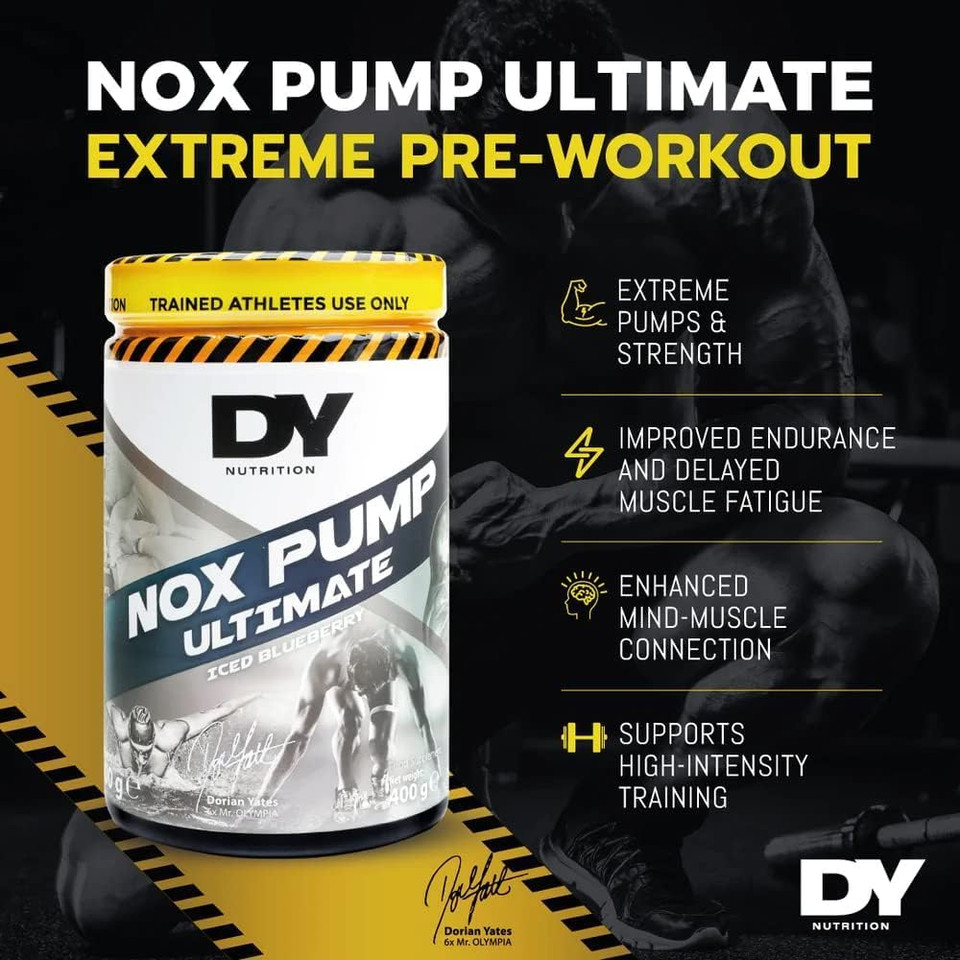 DY Nutrition - NOX Pump Pre Workout Powder | 350mg Caffeine | Blueberry Flavour | High Performance Preworkout for Focus, Pump & Energy with L-Citrulline, Beta Alanine, L-Tyrosine. 400g. 20 Servings