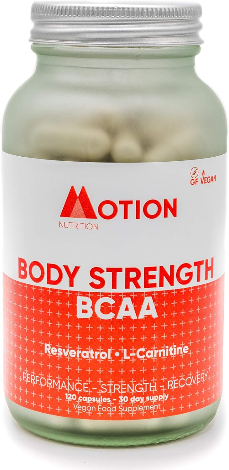 Motion Nutrition Body Strength BCAA  High Performance BCAA Capsules with Resveratrol and L-Carnitine  Strength and Recovery - Vegan/Anti-Oxidant Rich (120 Capsules)