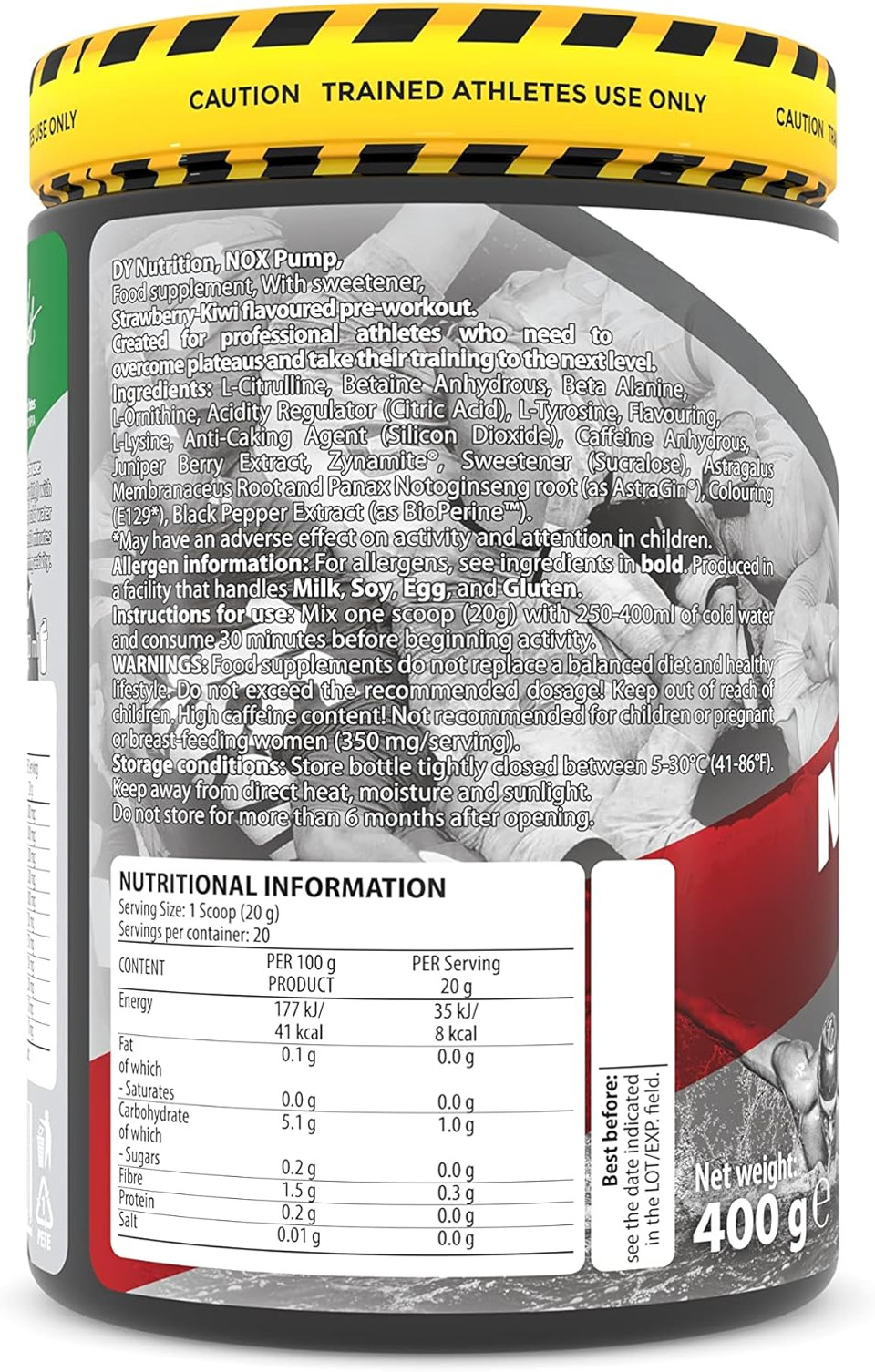 DY Nutrition - NOX Pump Pre Workout Powder | 350mg Caffeine | Strawberry Kiwi | High Performance Preworkout for Focus, Pump & Energy with L-Citrulline, Beta Alanine, L-Tyrosine. 400g. 20 Servings