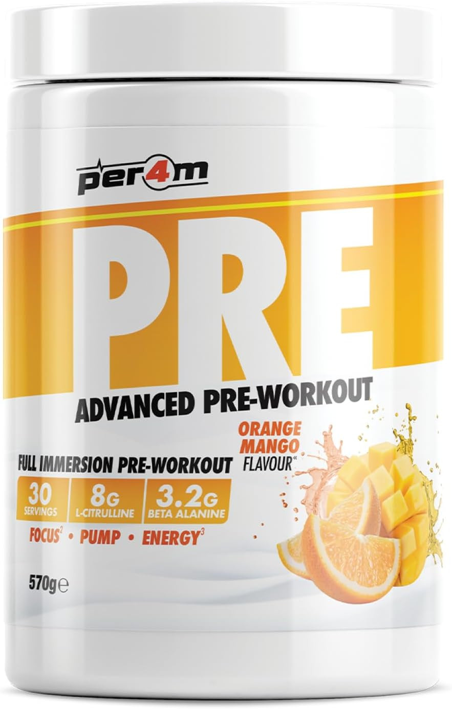Per4m Pre Workout Powder 570g | Intense Pump, Sustained Energy and Mental Focus | with L-Citrulline, Beta Alanine & Caffeine with Added Hydration (Orange & Mango)
