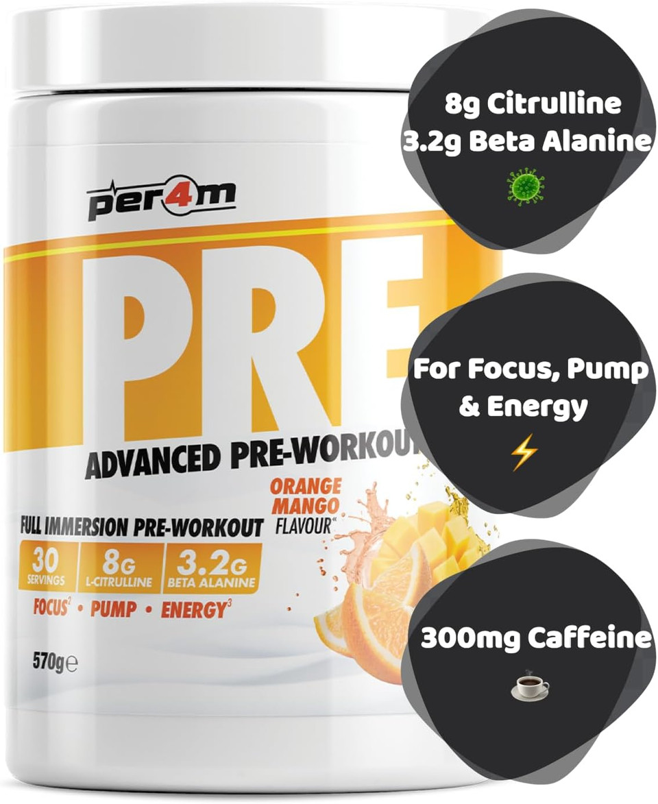 Per4m Pre Workout Powder 570g | Intense Pump, Sustained Energy and Mental Focus | with L-Citrulline, Beta Alanine & Caffeine with Added Hydration (Orange & Mango)