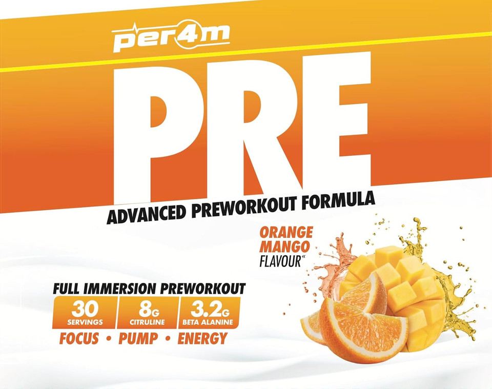 Per4m Pre Workout Powder 570g | Intense Pump, Sustained Energy and Mental Focus | with L-Citrulline, Beta Alanine & Caffeine with Added Hydration (Orange & Mango)