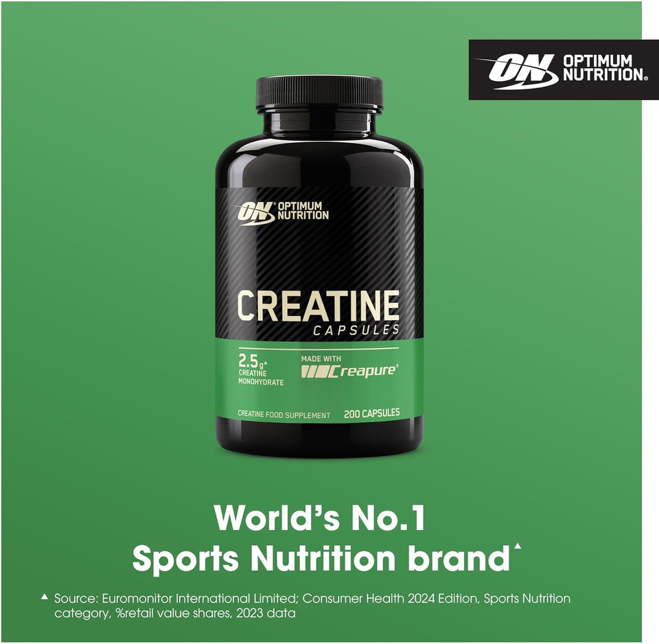 Optimum Nutrition Creatine Capsules with 2500 mg of Unflavoured Creatine Monohydrate per Serving, Creatine Food Supplement to support performance, 100 Servings, 200 Capsules