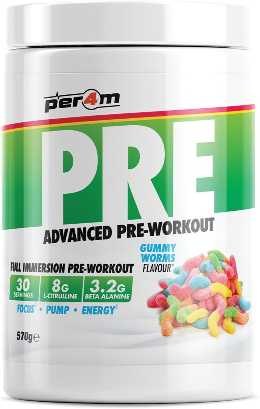 Per4m Pre Workout Powder 570g | Intense Pump, Sustained Energy and Mental Focus | with L-Citrulline, Beta Alanine & Caffeine with Added Hydration (Gummy Worms)