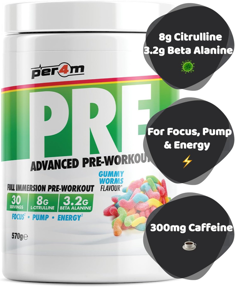 Per4m Pre Workout Powder 570g | Intense Pump, Sustained Energy and Mental Focus | with L-Citrulline, Beta Alanine & Caffeine with Added Hydration (Gummy Worms)