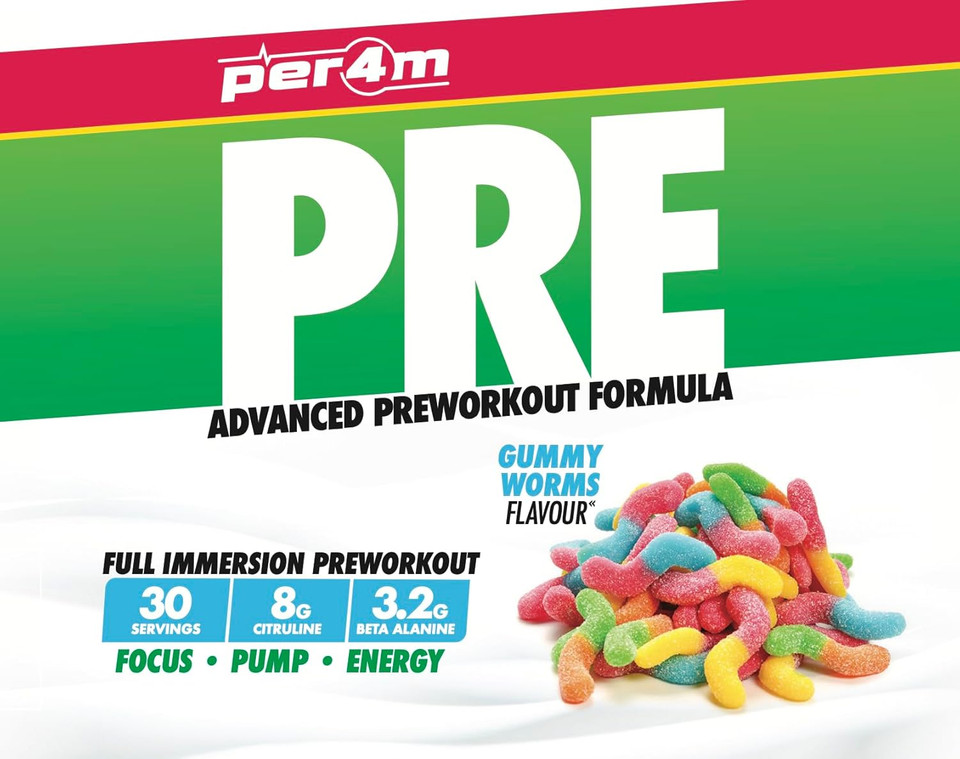 Per4m Pre Workout Powder 570g | Intense Pump, Sustained Energy and Mental Focus | with L-Citrulline, Beta Alanine & Caffeine with Added Hydration (Gummy Worms)