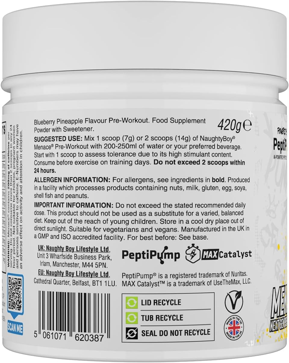 Naughty Boy Menace V2 Pre Workout - AI Powered Pre Workout Powder for Men & Women | Best Pre-Workout Energy Drink Supplements | Peptipump, Citrulline, Beta Alanine | 60 Servings | Candy Bubblegum