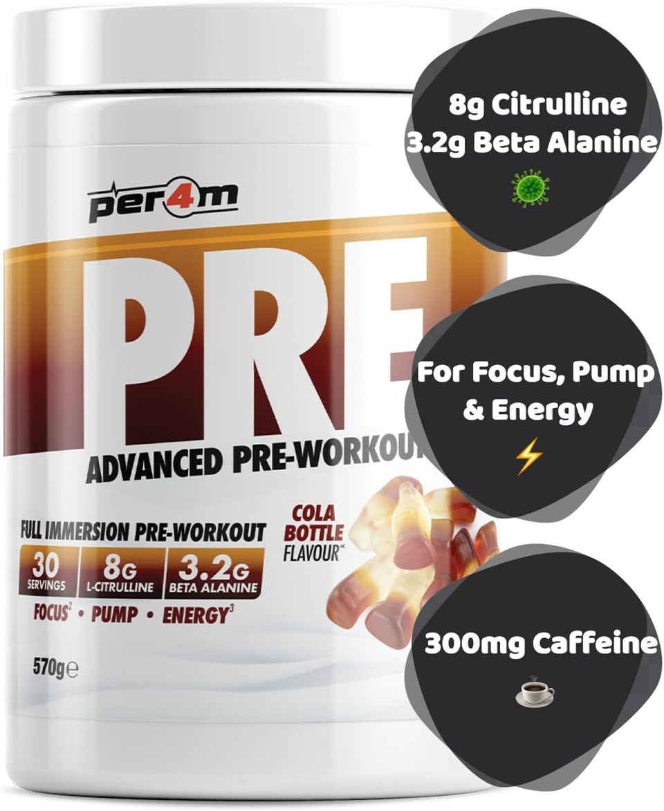 Per4m Pre Workout Powder 570g | Intense Pump, Sustained Energy and Mental Focus | with L-Citrulline, Beta Alanine & Caffeine with Added Hydration (Strawberry Lime)
