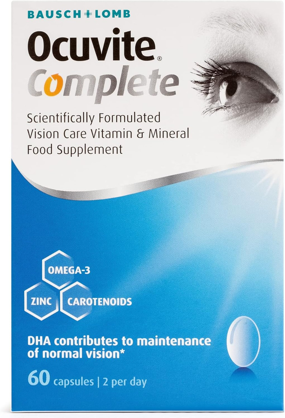 Ocuvite Complete, Eye Supplement Capsules, by Bausch + Lomb, Lutein and Zeaxanthin supplement with DHA Omega 3 plus Zinc, Supports Normal Vision, Two Capsules per Day