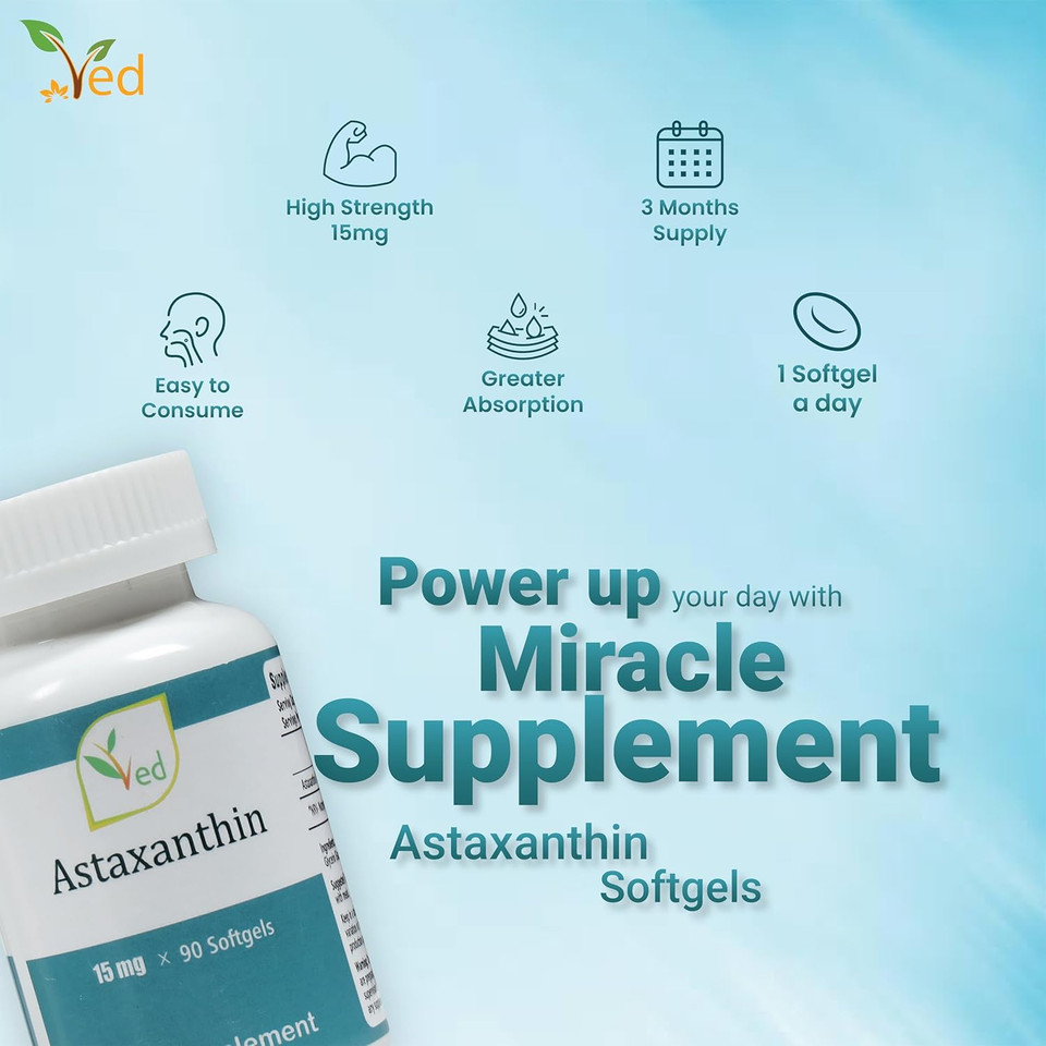 Ved Astaxanthin Capsules | Support Healthy Immune System | Support Joint and Tendon Health | 15mg 90 Capsules Free Radical Eliminating Antioxidant