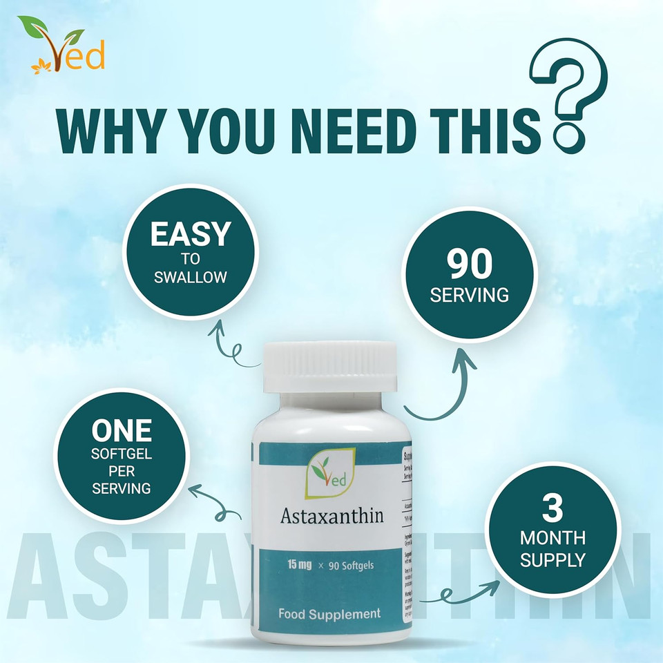 Ved Astaxanthin Capsules | Support Healthy Immune System | Support Joint and Tendon Health | 15mg 90 Capsules Free Radical Eliminating Antioxidant