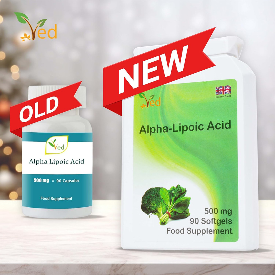 Ved Alpha Lipoic Acid | Non-GMO, Gluten Free | Helps Maintain Blood Sugar Level | 500mg, 90 Softgels Ved Alpha Lipoic Acid | Non-GMO, Gluten Free | Helps Maintain Blood Sugar Level | 500mg, 90 Softgels