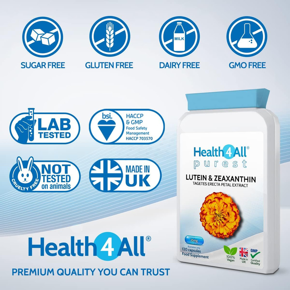 Health4All Lutein and Zeaxanthin Supplement 25mg per Capsule, 120 Capsules 4 Months Supply, Purest Eye Health Marigold Extract Supplement, Natural Eye Vitamins for Vision Care & Floaters | Made in UK