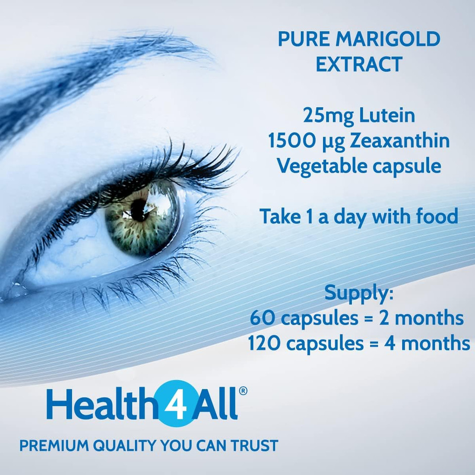 Health4All Lutein and Zeaxanthin Supplement 25mg per Capsule, 120 Capsules 4 Months Supply, Purest Eye Health Marigold Extract Supplement, Natural Eye Vitamins for Vision Care & Floaters | Made in UK