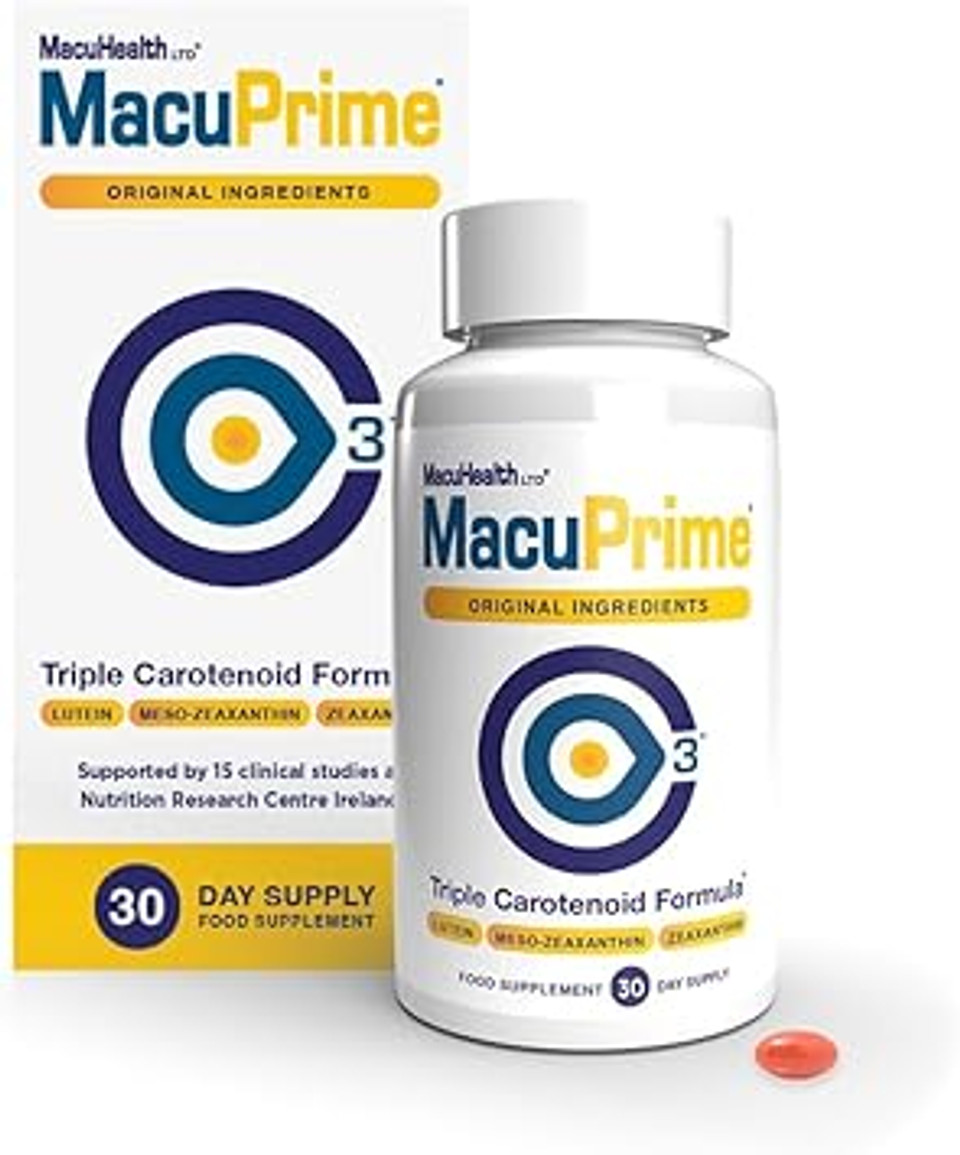 MacuPrime Eye Health Supplements  Triple Carotenoid Formula Food Supplement to Support Normal Vision  Lutein, Meso-Zeaxanthin & Zeaxanthin, 30 Capsules  1 Month Supply