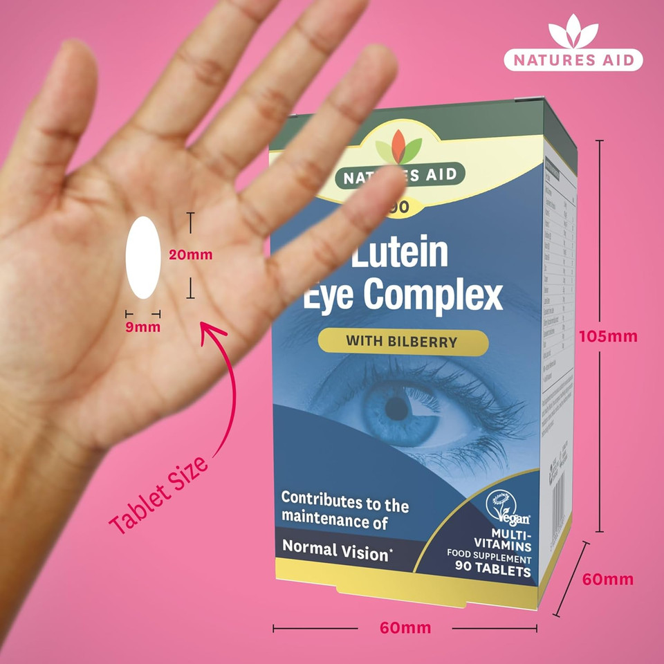 Natures Aid Lutein Eye Complex  With Bilberry, Zinc, Vitamins A B2 C E Riboflavin  Supports Normal Vision Maintenance & Eye Health  Vegan, Gluten-Free, Non-GMO - 90 Tablets