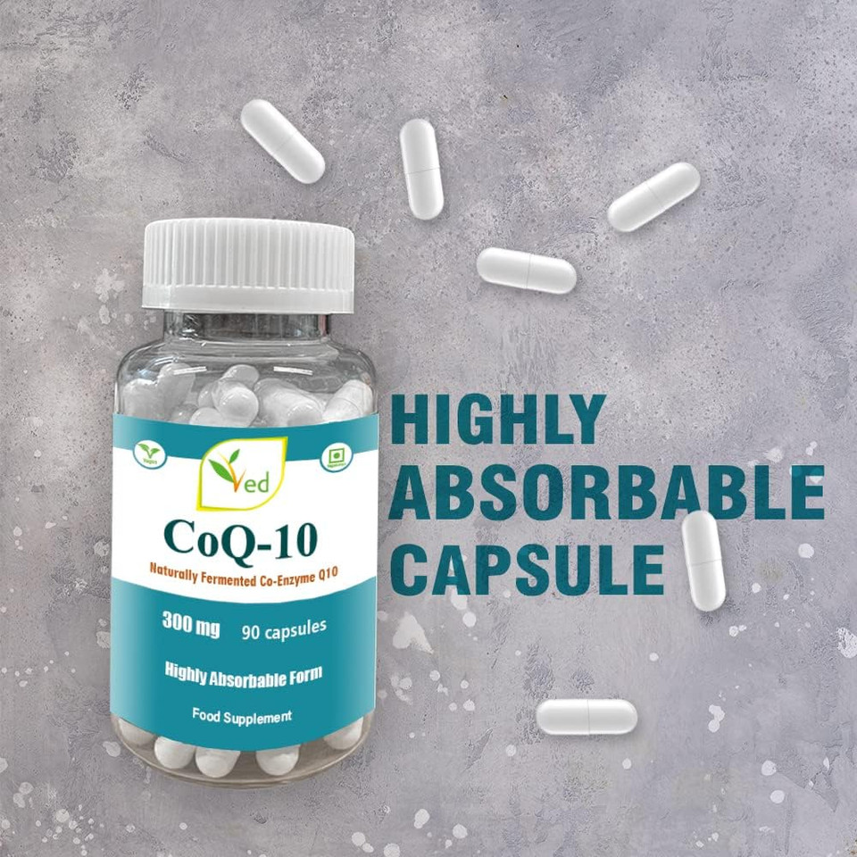 Ved's Co Enzyme Q10 Best High Absorption CoQ10 Capsule, Vegetarian, Gluten Free, Dietary Supplement, 300 mg 90 Veggie Vegan Capsules