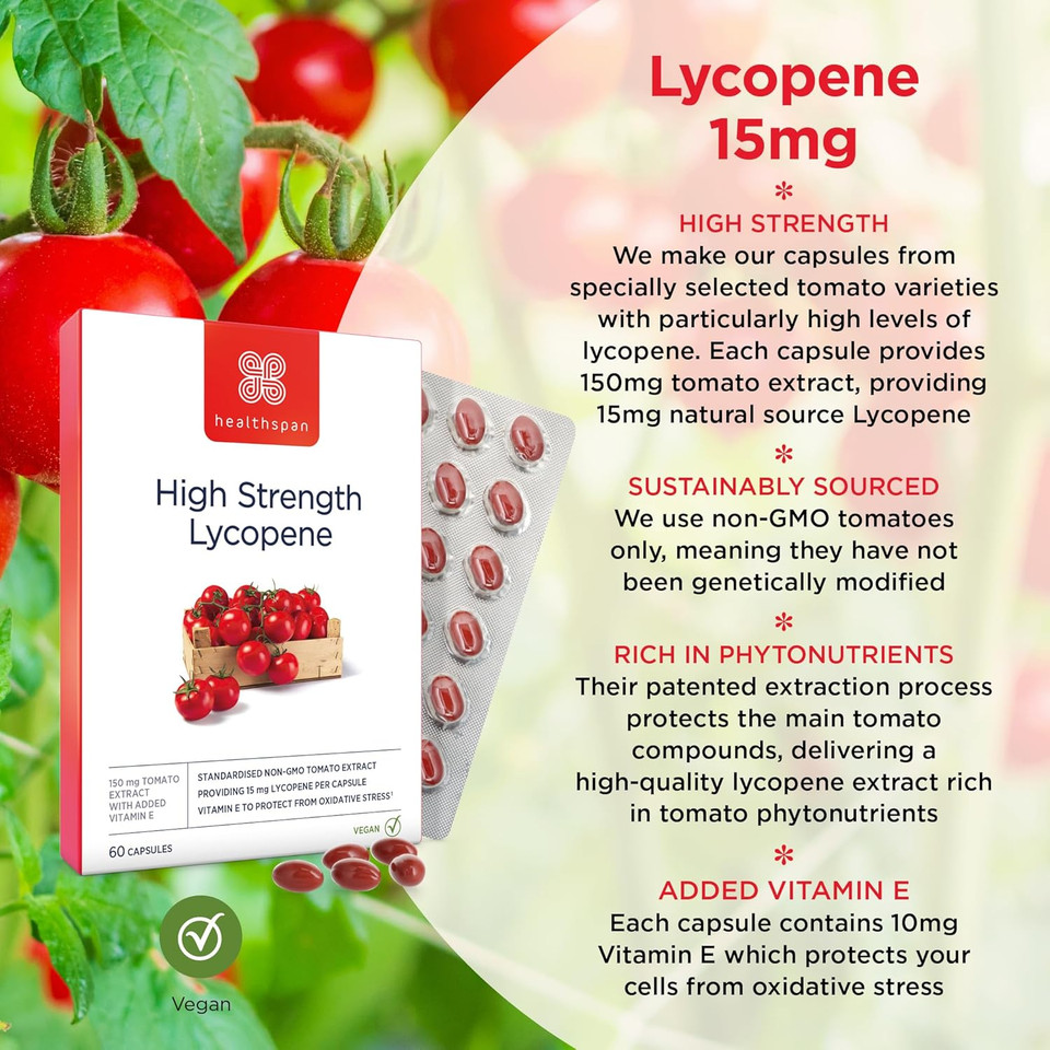 Healthspan Lycopene for Men's Health 15mg (2 Months Supply) | Natural Source Lycopene with Vitamin E | Rich in Tomato Phytonutrients | Non-GMO Tomatoes | Vegan