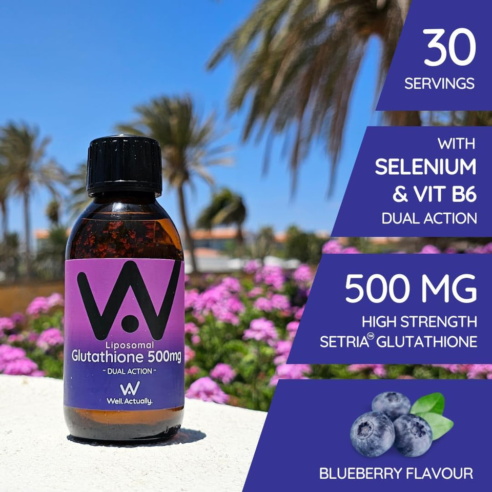 WELL ACTUALLY Liposomal Glutathione 500mg (30 Servings - 150ml) High Bioavailability Setria® Glutathione Supplement with Vitamin B6 & Selenium - Powerful Antioxidant - Vegan, Blueberry Mint Flavour