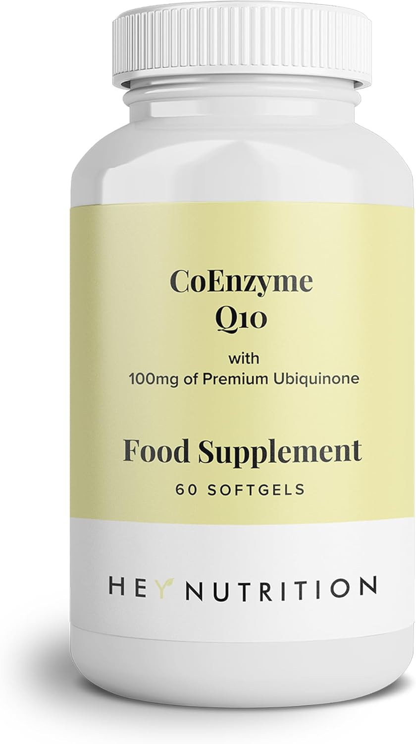 Hey Nutrition CoEnzyme Q10 Supplement - 100mg of Premium Ubiquinone - Boosts Antioxidant Enzymes - Contributes Nutrition for Vital Organs - Non-GMO & Pesticide-Free - UK Manufactured - 60 Softgels
