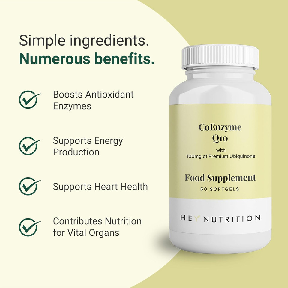Hey Nutrition CoEnzyme Q10 Supplement - 100mg of Premium Ubiquinone - Boosts Antioxidant Enzymes - Contributes Nutrition for Vital Organs - Non-GMO & Pesticide-Free - UK Manufactured - 60 Softgels