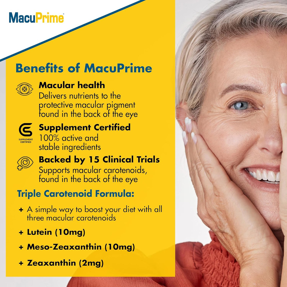 MacuPrime Eye Health Supplements  Triple Carotenoid Formula Food Supplement to Support Normal Vision  Lutein, Meso-Zeaxanthin & Zeaxanthin, 90 Capsules  3 Months Supply