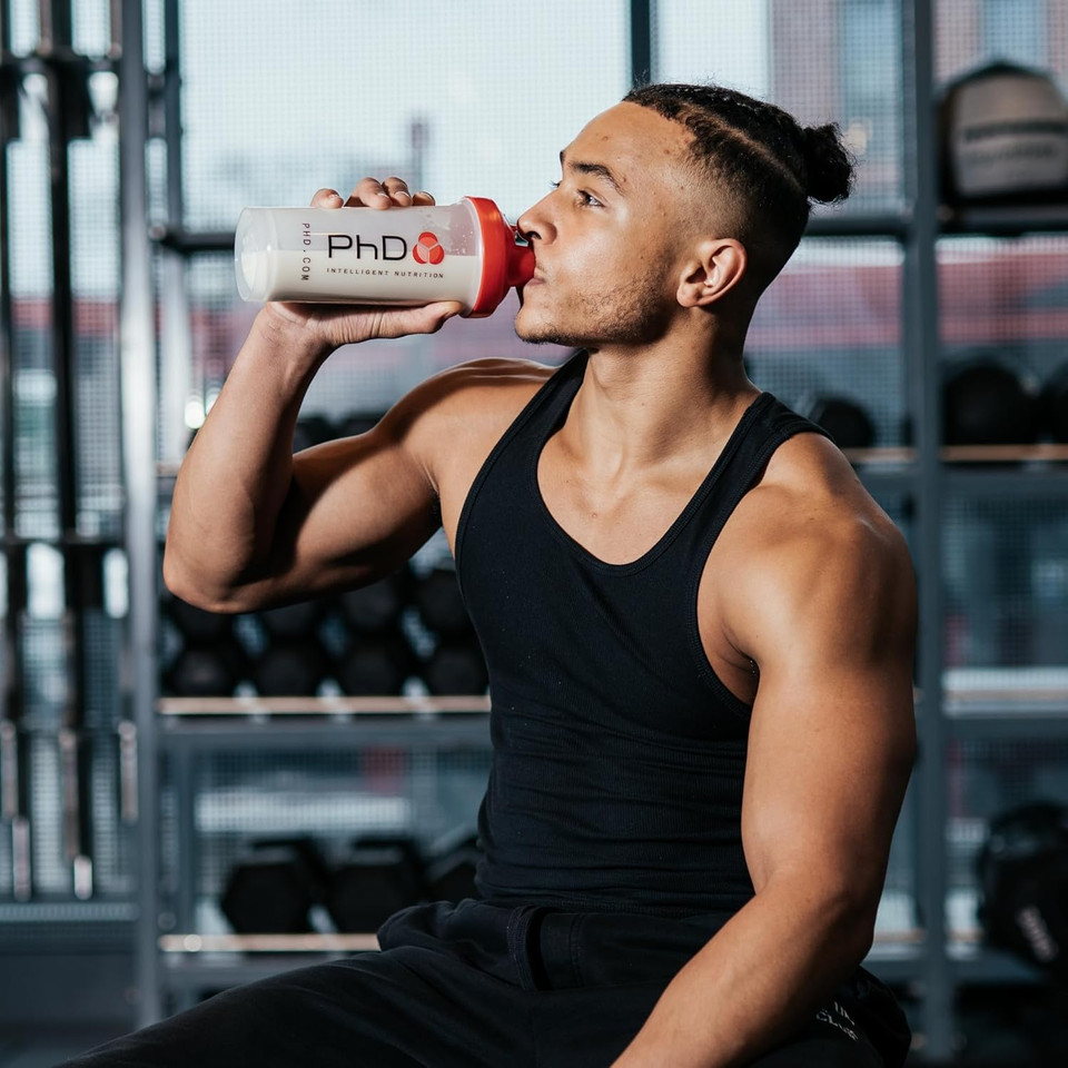 PhD Nutrition Mixball Shaker, Shaker for Protein Shakes, Wire Mixball Whisk, Red Non-Drip Screw Lid, Transparent Colour, 600 ml