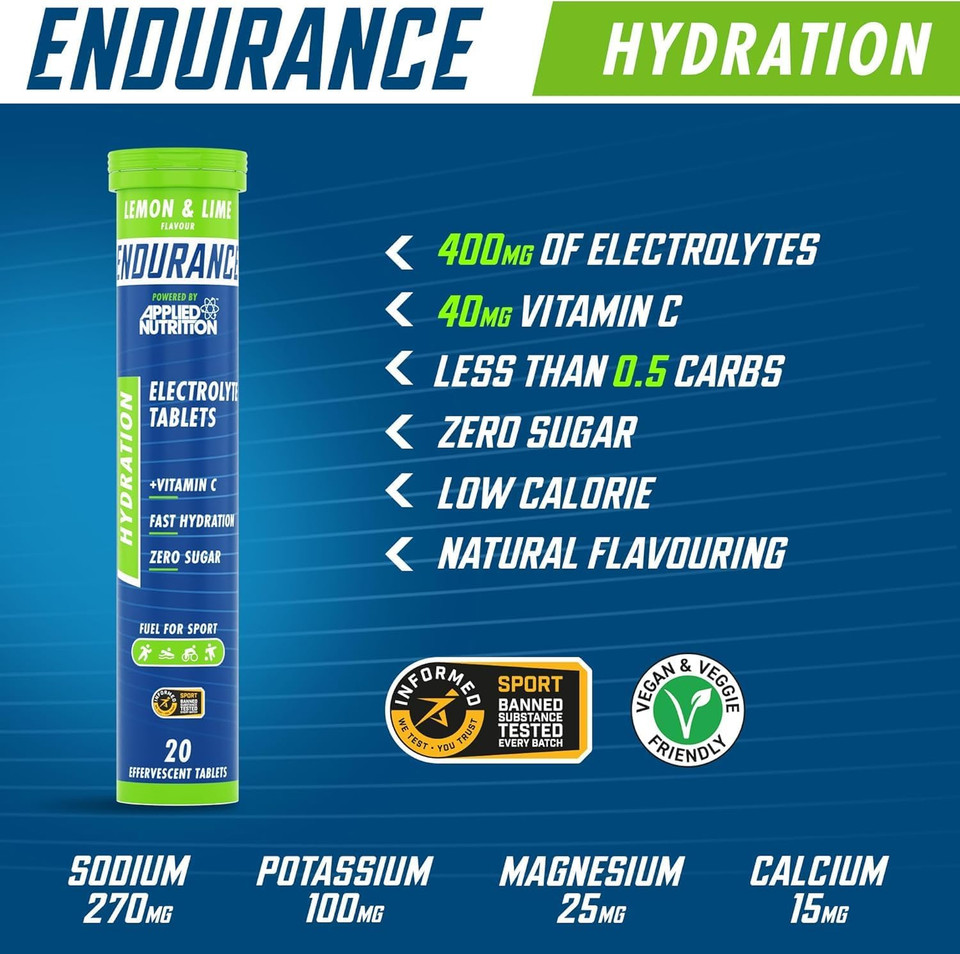 Applied Nutrition Endurance Hydration Electrolyte Tablets - 400mg Electrolytes per Serving  20 Effervescent Tablets, Sugar Free, Low Calorie, Added Vitamin C Boost Performance  Lemon & Lime