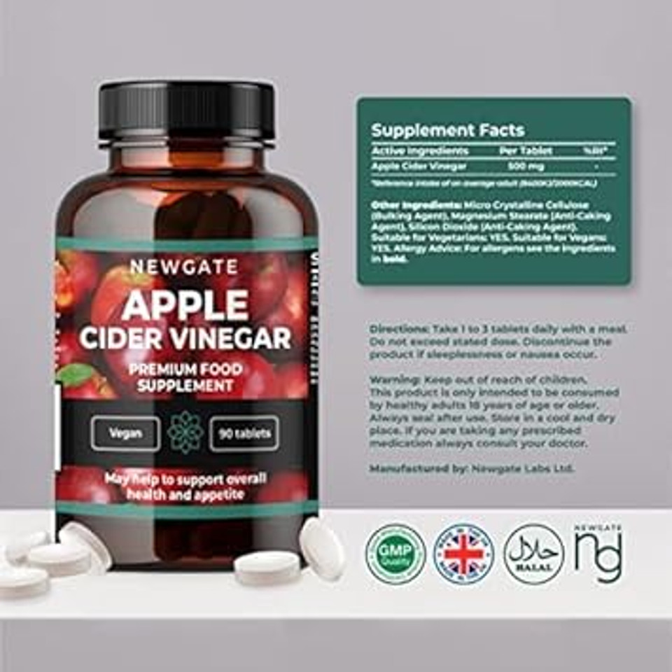 Apple Cider Vinegar 90 Vegan Tablets 500mg - Premium Nutritional Supplement - with Minerals & Probiotics - Made in The UK - Halal, GMP Certified