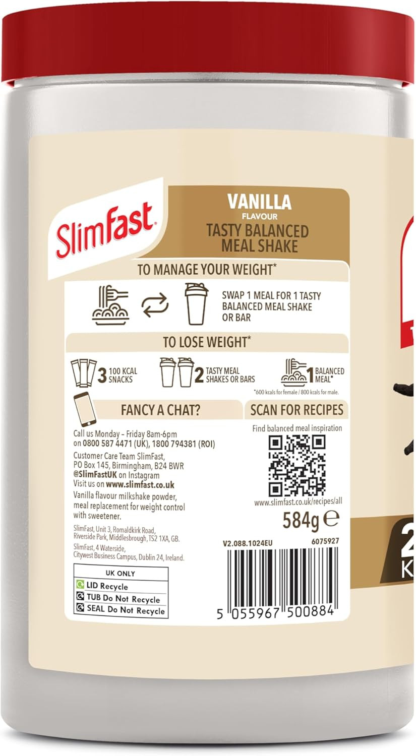 SlimFast Meal Replacement Shake for Weight Loss & Balanced Diet, Vitamins and Minerals, Low Calorie, High Protein, Vanilla Flavour, 16 servings, 584 g, Packaging May Vary