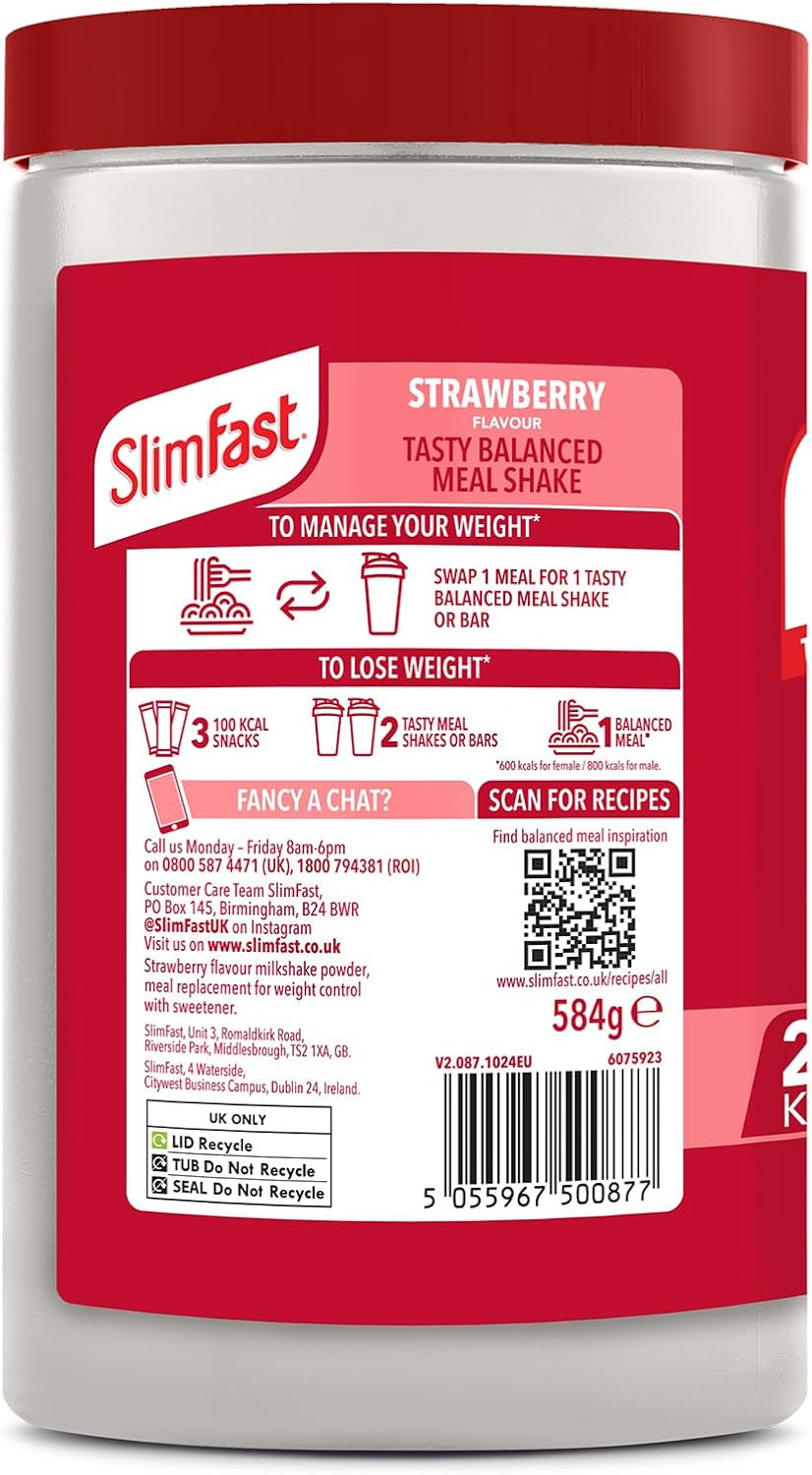 SlimFast Meal Replacement Shake Weight Loss & Balanced Diet, Vitamins and Minerals, Low Calorie, High Protein, Strawberry Flavour, 16 servings, 584 g, Packaging May Vary