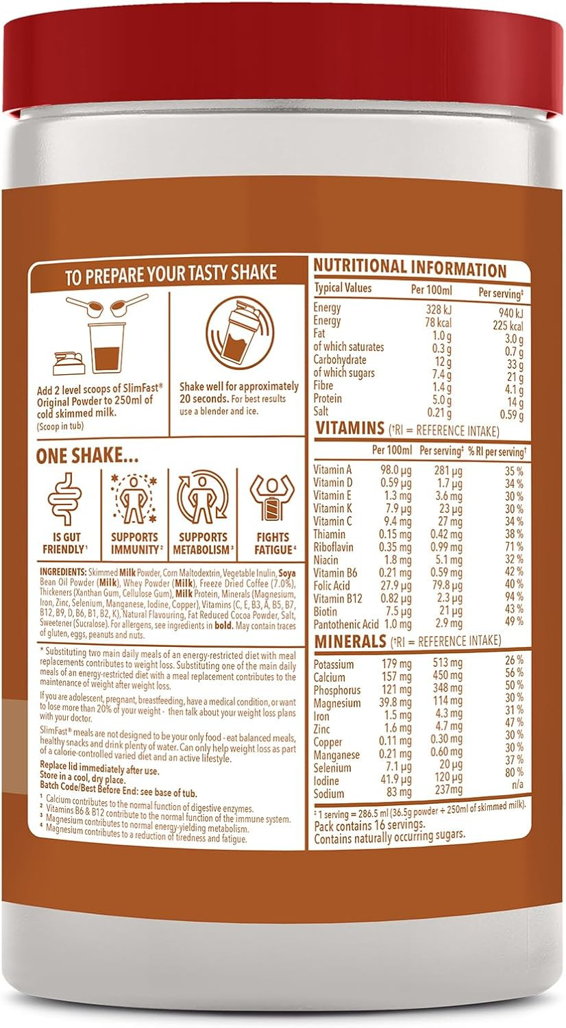 SlimFast Meal Replacement Shake for Weight Loss & Balanced Diet, Vitamins and Minerals, Low Calorie, High Protein, Café Latte Flavour, 16 servings, 584 g, Packaging May Vary