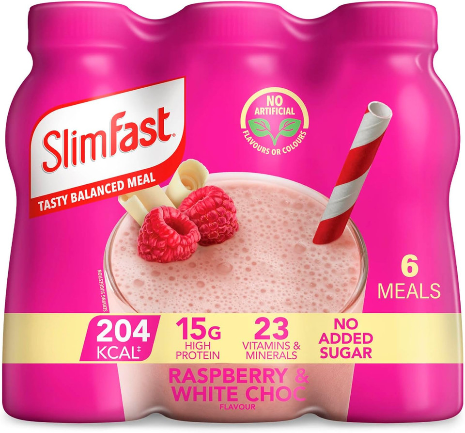 SlimFast Ready To Drink Shake, Meal Replacement Shakes for Weight Loss and Balanced Diet, High Protein, Vitamins and Minerals, No Added Sugar, Raspberry and White Chocolate Flavour, 6 x 325 ml