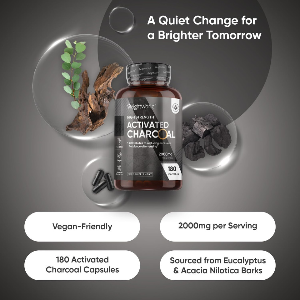 Activated Charcoal Capsules 2000mg - 180 Vegan Capsules - Activated Charcoal Supplement - Sourced from Eucalyptus and Acacia Barks - Non-GMO & Magnesium Stearate-Free