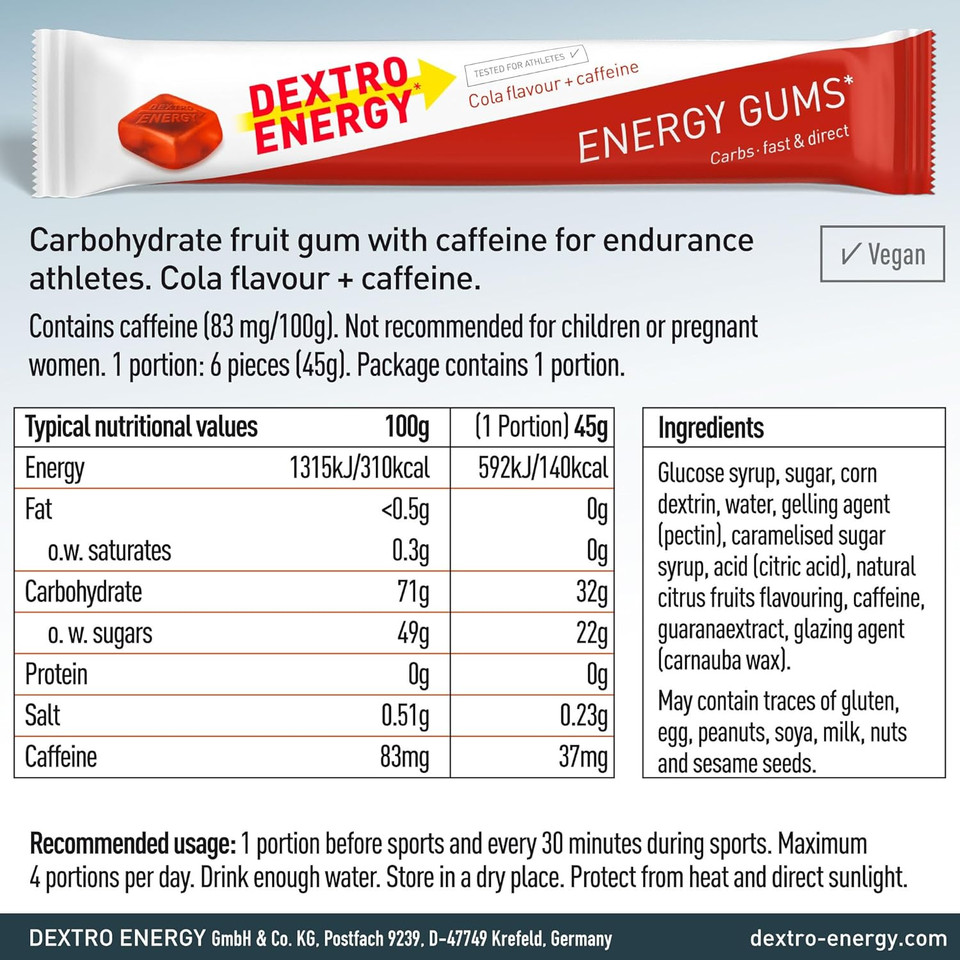 Dextro Energy I Energy Gums | Cola + Caffeine I Pocket Size Energy on the Go | For active lifestyle| Good Taste I Vegan I 8 x 45 g