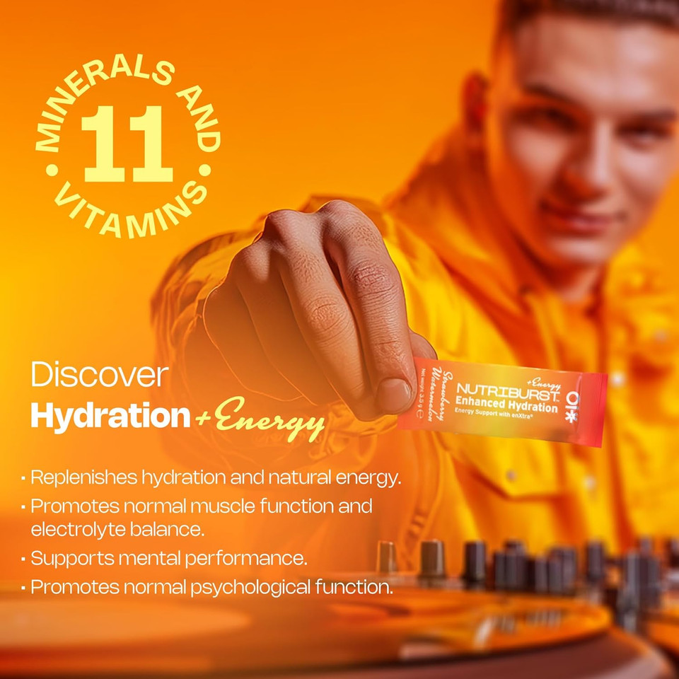 Nutriburst - Energy Electrolytes + 11 Vitamins & Minerals  Energy  Natural Caffeine  Performance - Suitable for Vegans - 15 Pack: Mango, Lemon & Lime, Strawberry & Watermelon - Enhanced Hydration