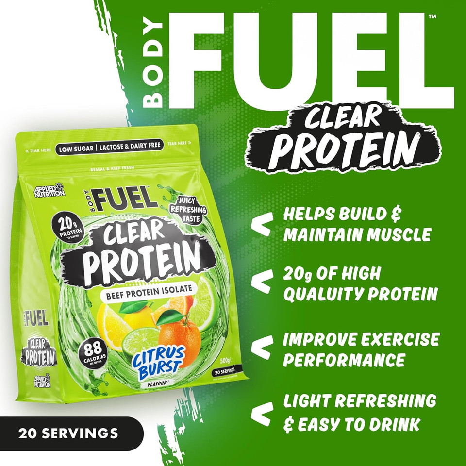 BodyFuel Clear Protein - Beef Protein Isolate - Clear & Refreshing - Best Low Sugar & Lactose-Free Protein Supplement - Muscle Support (500g - 20 Servings) (Citrus Burst) BodyFuel Clear Protein - Beef Protein Isolate - Clear & Refreshing - Best Low Sugar & Lactose-Free Protein Supplement - Muscle Support (500g - 20 Servings) (Citrus Burst)
