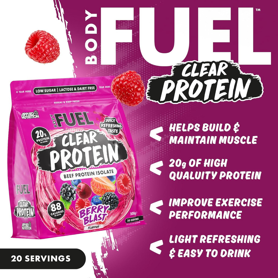 BodyFuel Clear Protein - Beef Protein Isolate - Clear & Refreshing - Best Low Sugar & Lactose-Free Protein Supplement - Muscle Support (500g - 20 Servings) (Berry Blast) BodyFuel Clear Protein - Beef Protein Isolate - Clear & Refreshing - Best Low Sugar & Lactose-Free Protein Supplement - Muscle Support (500g - 20 Servings) (Berry Blast)