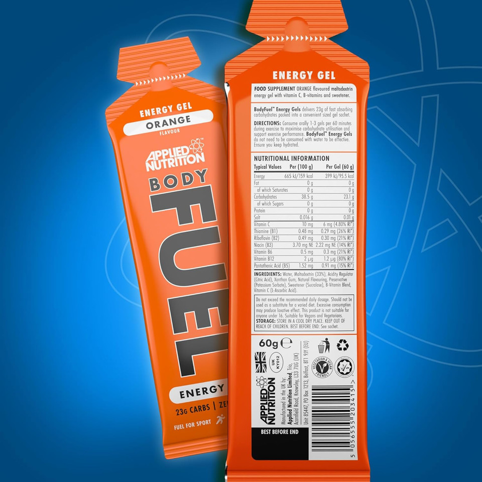 Applied Nutrition BodyFuel Energy Gel - Fast Energy Gels, Fuel for Sport, with Carbs, Sugar Free (Box 20 Units x 60g) (Orange)